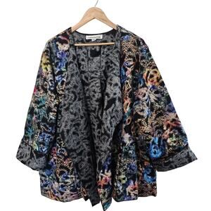Vintage Caroline Rose Open Cardigan Women 3X Black Geometric Colorful Soft Indie